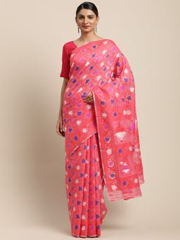 Vastranand - Pink & White Woven Design Jamdani Saree with Unstitched Blouse