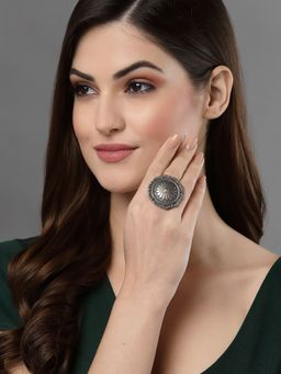 PANASH - Oxidised Silver Toned Oversize Adjustable Rings (Set of 3)