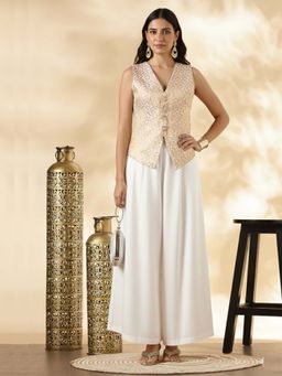 Abhishti - Women Off White Brocade Waistcoat with Palazzo