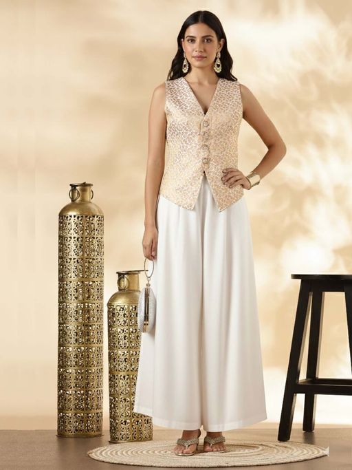 Abhishti Women Off White Brocade Waistcoat with Palazzo
