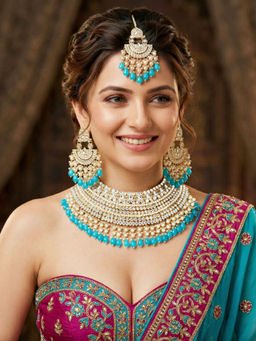 LUCKY JEWELLERY - Gold Kundan Pearl Bridal Necklace, Pair of Earrings & Mangtika-Turquoise