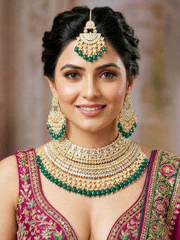 LUCKY JEWELLERY - Gold Kundan Green Pearl Bridal Necklace, Pair of Earrings & Mangtika