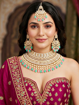 LUCKY JEWELLERY - Gold Kundan Mulit-Color Pearl Bridal Necklace, Pair of Earrings & Mangtika
