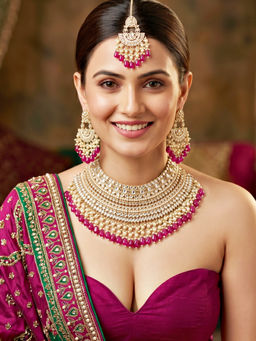 LUCKY JEWELLERY - Gold Kundan Pink Pearl Bridal Necklace, Pair of Earrings & Mangtika