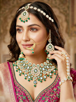 LUCKY JEWELLERY - Gold Plated Kundan Green Bridal Necklace, Pair of Earrings with Mangtika & Nath