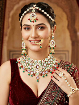 LUCKY JEWELLERY - Plated Kundan Multi-Color Bridal Necklace, Pair of Earrings with Mangtika & Nath