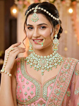 LUCKY JEWELLERY - Gold Plated Kundan Mint Green Bridal Necklace, Pair of Earrings with Mangtika & Nath