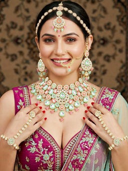 LUCKY JEWELLERY - Plated Kundan Multi-Color Bridal Necklace, Pair of Earrings with Mangtika & Nath