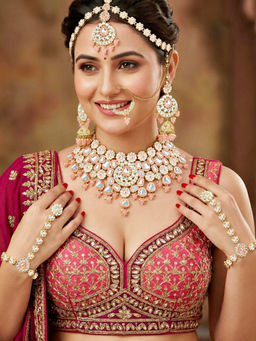 LUCKY JEWELLERY - Gold Plated Kundan Pink Bridal Necklace, Pair of Earrings with Mangtika & Nath