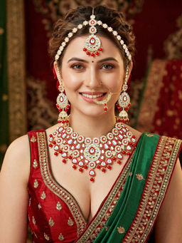 LUCKY JEWELLERY - Gold Plated Kundan Bright Red Bridal Necklace, Pair of Earrings with Mangtika & Nath
