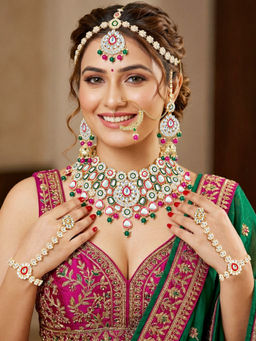 LUCKY JEWELLERY - Plated Kundan Multi-Color Bridal Necklace, Pair of Earrings with Mangtika & Nath