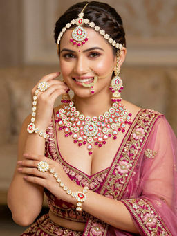 LUCKY JEWELLERY - Gold Plated Kundan Red Bridal Necklace, Pair of Earrings with Mangtika & Nath