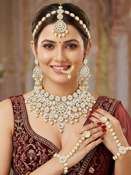 LUCKY JEWELLERY - Plated Kundan White Pearl Bridal Necklace, Pair of Earrings with Mangtika & Nath