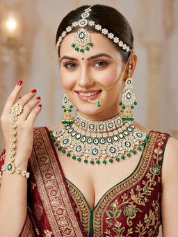 LUCKY JEWELLERY - Gold Plated Kundan Green Bridal Necklace, Pair of Earrings with Mangtika & Nath