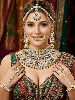 LUCKY JEWELLERY - Plated Kundan Multi-Color Bridal Necklace, Pair of Earrings with Mangtika & Nath