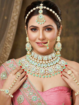 LUCKY JEWELLERY - Gold Plated Kundan Green Bridal Necklace, Pair of Earrings with Mangtika & Nath