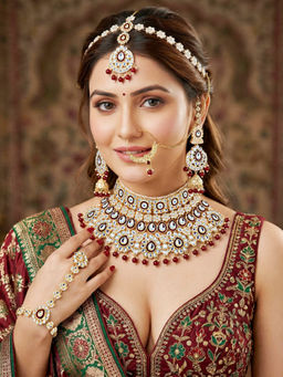 LUCKY JEWELLERY - Gold Plated Kundan Maroon Bridal Necklace, Pair of Earrings with Mangtika & Nath