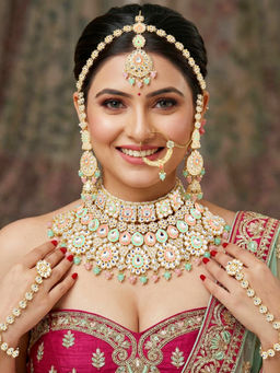 LUCKY JEWELLERY - Gold Plated Kundan Multi-Color Necklace, Pair of Earrings with Mangtika & Nath