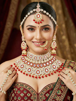 LUCKY JEWELLERY - Gold Plated Kundan Bright Red Bridal Necklace, Pair of Earrings with Mangtika & Nath