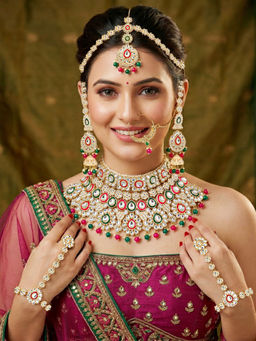 LUCKY JEWELLERY - Plated Kundan Multi-Color Bridal Necklace, Pair of Earrings with Mangtika & Nath