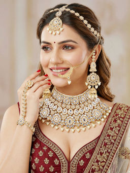 LUCKY JEWELLERY - Plated Kundan White Pearl Bridal Necklace, Pair of Earrings with Mangtika & Nath