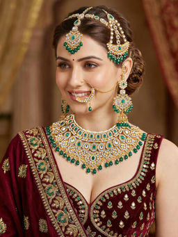 LUCKY JEWELLERY - Gold Plated AD Green Stone Bridal Necklace, Pair of Earrings with Mangtika & Nath