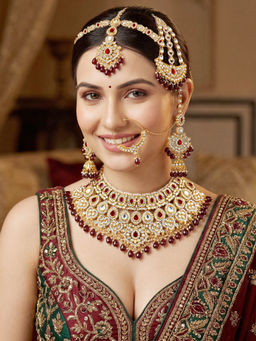 LUCKY JEWELLERY - Gold Plated AD Maroon Stone Bridal Necklace, Pair of Earrings with Mangtika & Nath
