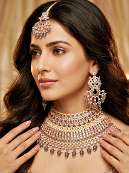 LUCKY JEWELLERY - Rose Gold AD Grey Stone Pearl Bridal Necklace, Pair of Earrings & Mangtika