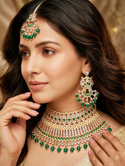 LUCKY JEWELLERY - Rose Gold AD Green Stone Pearl Bridal Necklace, Pair of Earrings & Mangtika