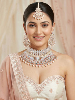 LUCKY JEWELLERY - Rose Gold AD Cream Stone Pearl Bridal Necklace, Pair of Earrings & Mangtika