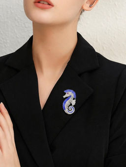 Treemoda - Silver Plated Seahorse Brooch-Blue