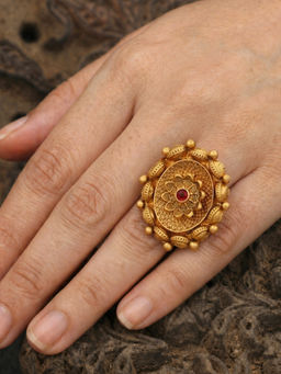 Treemoda - Premium Gold Plated Kundan Ring-Red