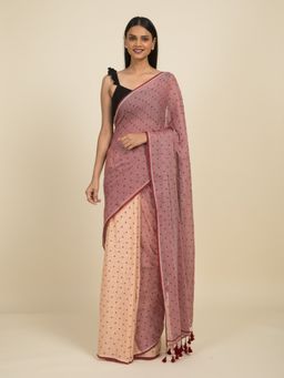 Suta - Maroon and Beige Polka Doted Cotton Saree