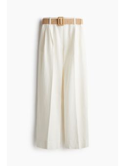 H&M - Women White Belted Linen-Blend Trousers