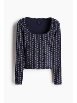 H&M - Women Blue Picot-Trimmed Ribbed Top