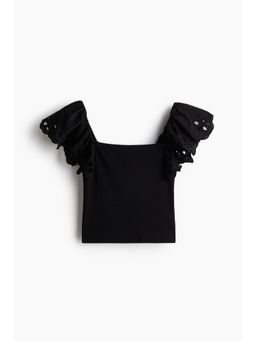 H&M - Women Black Broderie Anglaise-Detail Ribbed Top