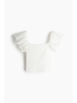 H&M - Women White Broderie Anglaise-Detail Ribbed Top