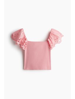 H&M - Women Pink Broderie Anglaise-Detail Ribbed Top