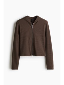 H&M - Women Brown Ribbed Zip-Through Hoodie