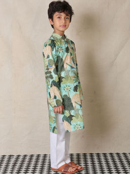 ANTHRILO - Green Temple Printed Pure Cotton Kurta with White Cotton Pyjama (Set of 2)