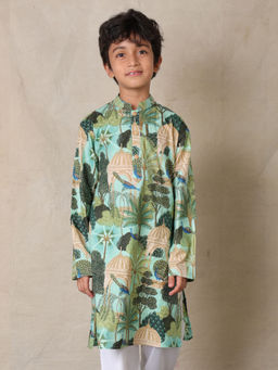 ANTHRILO - Green Temple Printed Pure Cotton Kurta