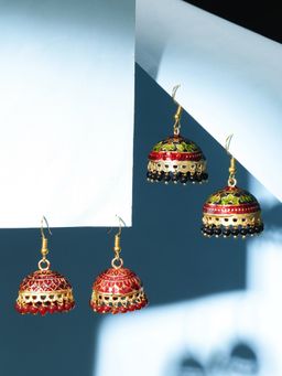 Yellow Chimes - Woman Set of 2 Red and Black Meenakari Jhumka Earrings