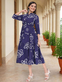 ISHIN - Women Blue Printed Midi Dress