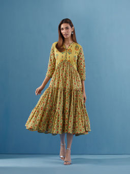 PINKSKY - Womens Floral Cotton Yellow Dress