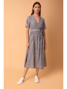 PINKSKY - Womens Printed Cotton Grey Dress with Belt (Set of 2)