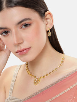 Estele - Drop Charms Necklace with Shiny Gold Finish and White Sparkling Accents & Pair of Earrings