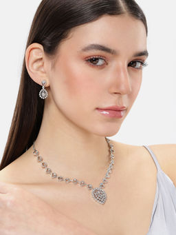 Estele - Lightweight American Diamond Necklace with Elegant Rhodium Finish & Pair of Earrings