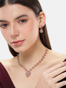 Estele - Premium Rosegold Finish Lightweight American Diamond Necklace & Pair of Earrings