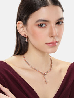 Estele - Elegant Gold Finish Floral and Leaf Pattern American Diamond Necklace & Pair of Earrings