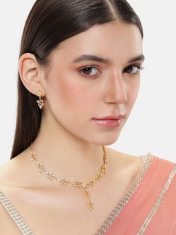 Estele - Lustrous Rhodium Finish Floral Leafy American Diamond Necklace & Pair of Earrings